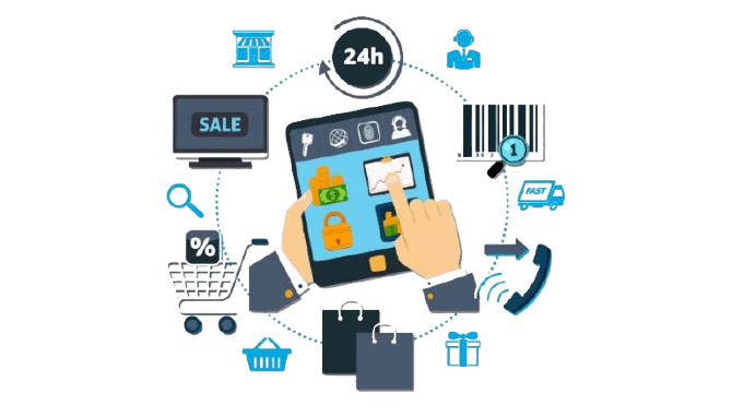 E-commerce platform illustration showing online store features